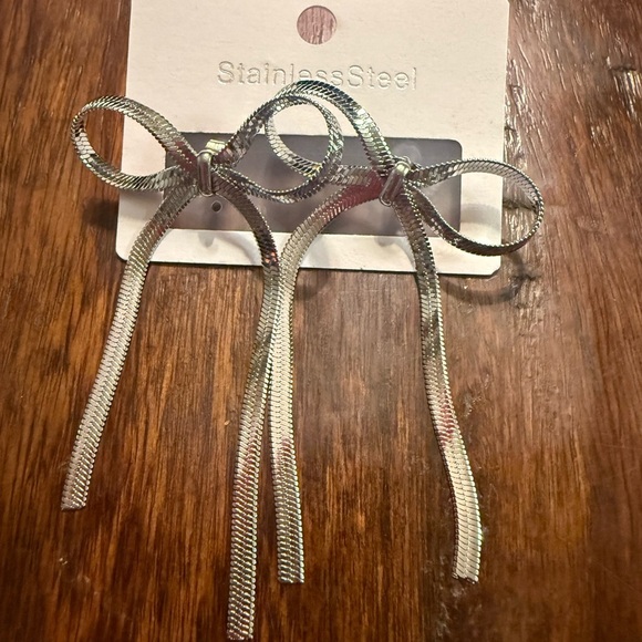 Elegant Silver Bow Drop Earrings – Stainless Steel - Picture 1 of 4